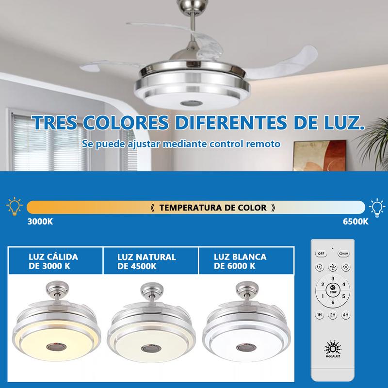 Lámpara con Ventilador de Techo MEGALUZ 42 Pulgadas Hoja Retráctil, 3 Temperaturas de Color, Bluetooth, Control Remoto, para Sala/Habitación
