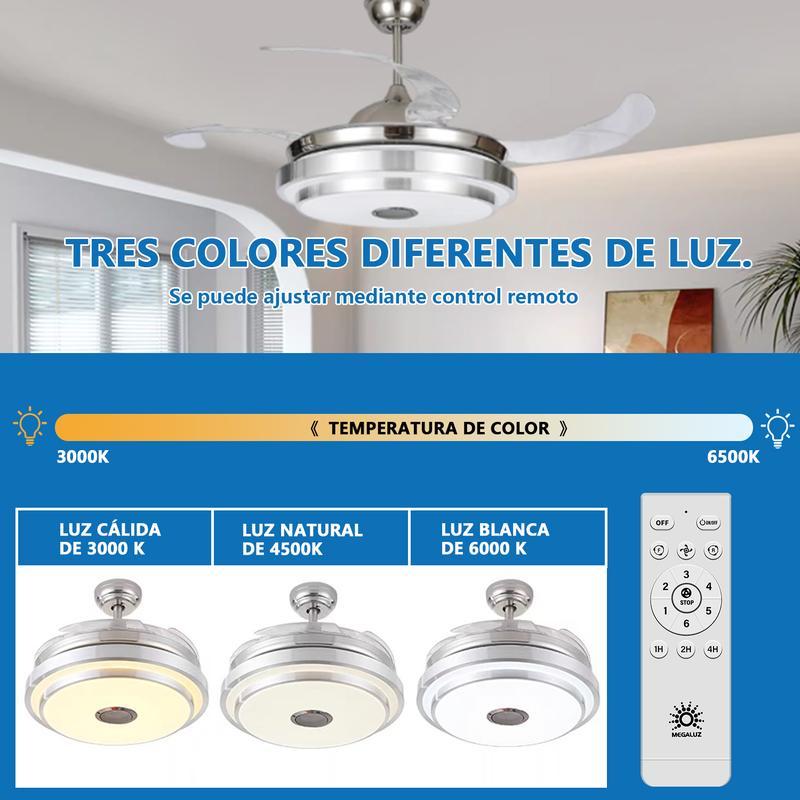 Lámpara con Ventilador de Techo MEGALUZ 42 Pulgadas Hoja Retráctil, 3 Temperaturas de Color, Bluetooth, Control Remoto, para Sala/Habitación