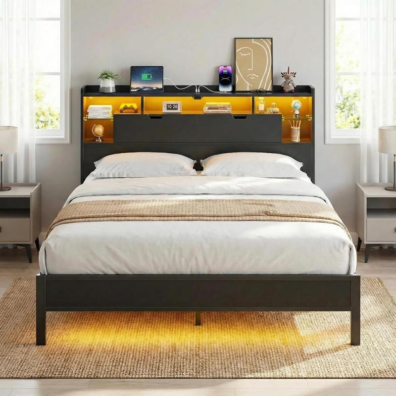 Cama Ironwood, Marco de Cama Metal Negro con Luces LED, 3 Puertos USB y 6 Estantes - Base de Almacenamiento, Resistente, Fácil Montaje (Individual / Matrimonial / Queen)