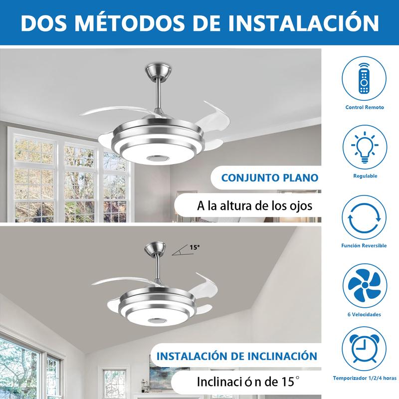 Lámpara con Ventilador de Techo MEGALUZ 42 Pulgadas Hoja Retráctil, 3 Temperaturas de Color, Bluetooth, Control Remoto, para Sala/Habitación