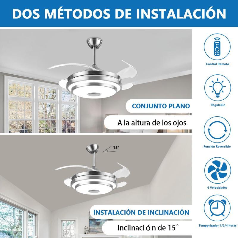 Lámpara con Ventilador de Techo MEGALUZ 42 Pulgadas Hoja Retráctil, 3 Temperaturas de Color, Bluetooth, Control Remoto, para Sala/Habitación