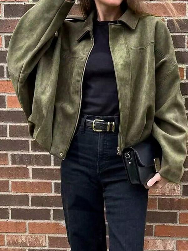 Women's Autumn Winter Suede Texture Zipper Loose Fit bomber jacket, Stylish Turn-Down Collar Design for Casual Wear