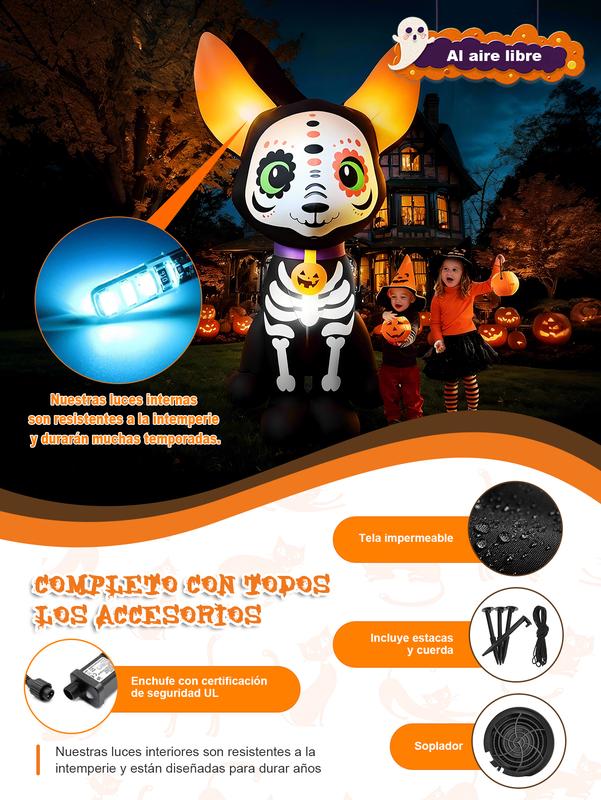 Decoración inflable de Halloween de 1.5 m, diseño de esqueleto de perro, luces led integradas para festividades, jardín, césped