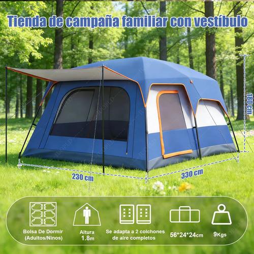 Casa Campaña VBELL 3.3*2.3*1.8m Tienda de Acampar para 8-10 Personas con 2 Habitaciones y Porche Expandible para Familias y Senderismo