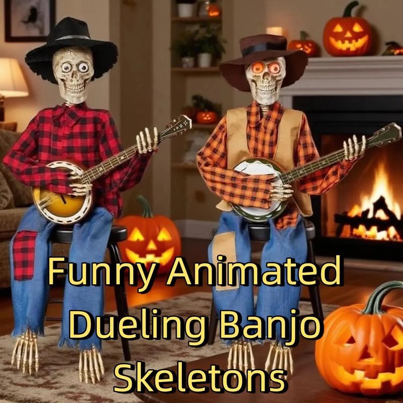 2 Esqueletos Decorativos de Halloween con Banjo, Colgantes para Porche, Patio, Jardín, Entrada, Fiesta Temática, Decoración del Hogar y Eventos de Halloween