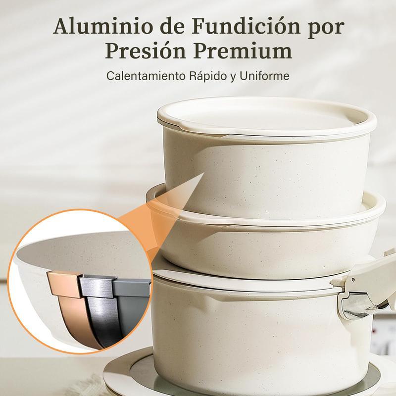 Batería De Cocina 15/17/22 Piezas Juego De Sartenes Ollas  Utensilios Sartenes Antiadherentes Con Mangos Desmontables Y Tapas De Vidrio Para Inducción, Gas Y Horno Negro Blanco Libre de PTFE, PFOA, plomo y cadmio. Cocina con menos aceite, sin que se pegue