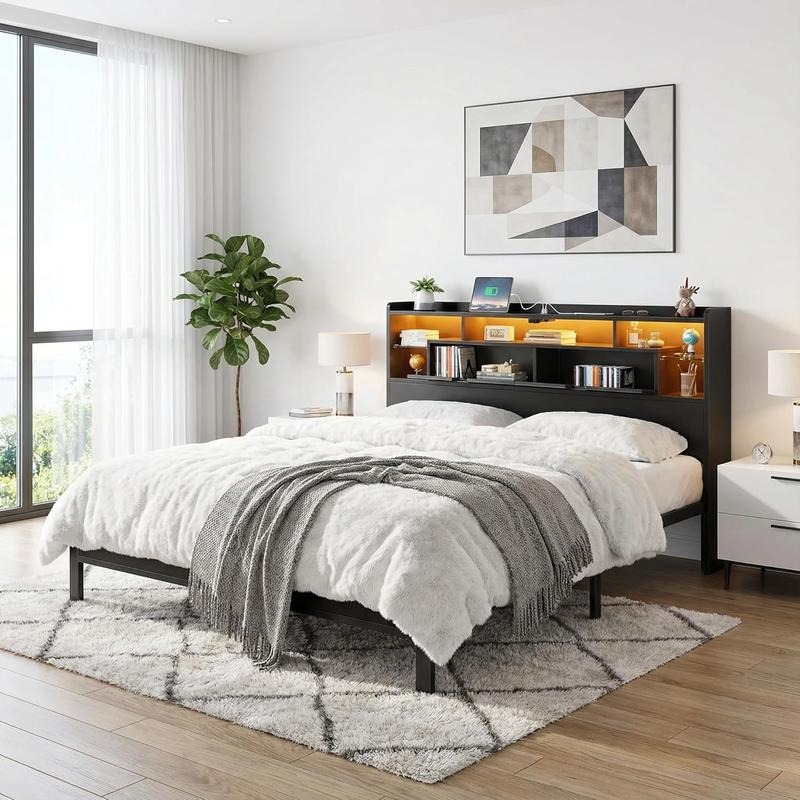 Cama Ironwood, Marco de Cama Metal Negro con Luces LED, 3 Puertos USB y 6 Estantes - Base de Almacenamiento, Resistente, Fácil Montaje (Individual / Matrimonial / Queen)