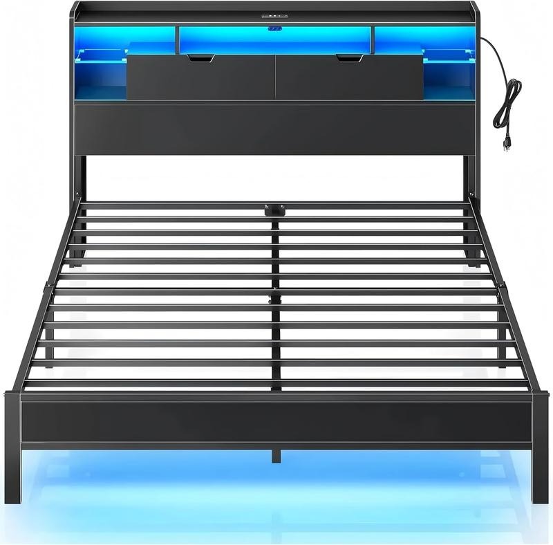 Cama Ironwood, Marco de Cama Metal Negro con Luces LED, 3 Puertos USB y 6 Estantes - Base de Almacenamiento, Resistente, Fácil Montaje (Individual / Matrimonial / Queen)