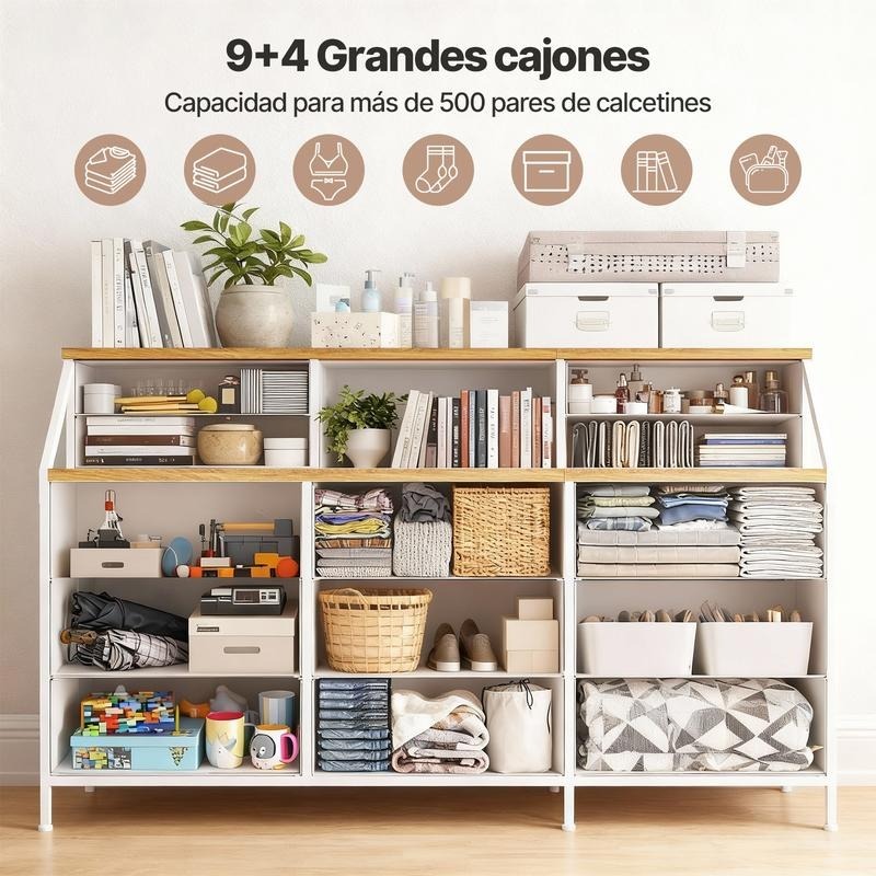 Zocalo Cómoda de Dormitorio con 13 cajones, cómoda Grande con Espacio de Almacenamiento, Estructura de Metal, para Dormitorio