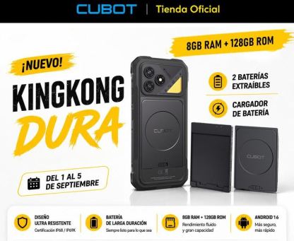 Cubot Kingkong Dura Robusto Dual Sim 128/256 Gb Negro 8/12 Gb Ram (ampliable Hasta 20 Gb) 2 Baterías Extraíbles de 5000 mAh + Cargador de Baterías Android 16  A