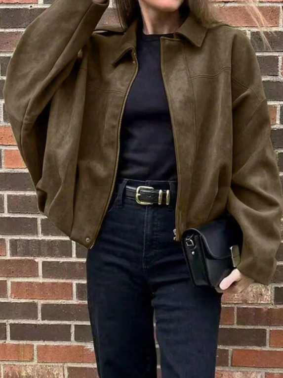 Women's Autumn Winter Suede Texture Zipper Loose Fit bomber jacket, Stylish Turn-Down Collar Design for Casual Wear