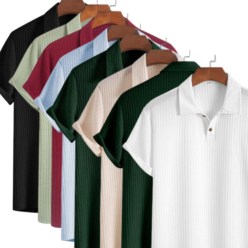 Men's Plain Jacquard Knit Polo Shirt, Regular Fit Casual Short Sleeve Button Front Top for Summer, Fashion Men's Clothes for Daily Wear