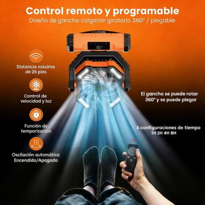 Ventilador de Camping  Recargable 20000mAh con Luz LED,5 Velocidades + Control Remoto + 270° Dirección + Pantalla Táctil