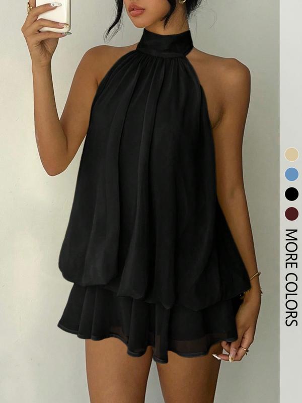 Mono enterizo para mujer, sencillo, liso y con espalda descubierta (estilo halter); diseño elegante con volantes, perfecto para uso casual y moda para todas las estaciones.