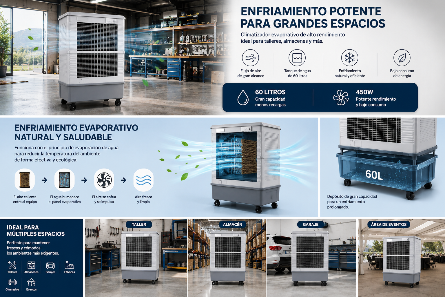 ❄️ Enfriador Evaporativo Industrial Portátil 60 L | Climatizador de Aire 450W | Alto Flujo de Aire | Ideal para Taller, Almacén, Garaje y Espacios Grandes 💨