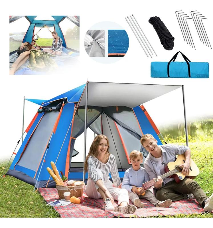 Tienda de Campaña Grande Azul para 4-6 Personas, 215x215x145 cm, Tela Oxford 210D, UPF 50+, Impermeable PU2000, Montaje Rápido en 3 Segundos, Protección Solar y Ventanas Panorámicas