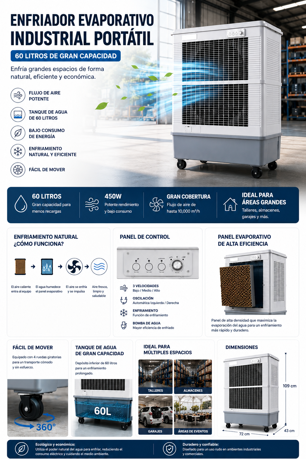 ❄️ Enfriador Evaporativo Industrial Portátil 60 L | Climatizador de Aire 450W | Alto Flujo de Aire | Ideal para Taller, Almacén, Garaje y Espacios Grandes 💨