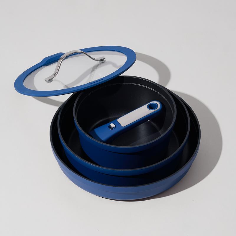 [Oficial] Juego de 30 piezas de ollas y sartenes antiadherentes en azul zafiro — Batería de cocina antiadherente apta para lavavajillas, horno y refrigerador — Utensilios de cocina con mango extraíble, aptos para horno (ideal para caravanas) — Juego de co