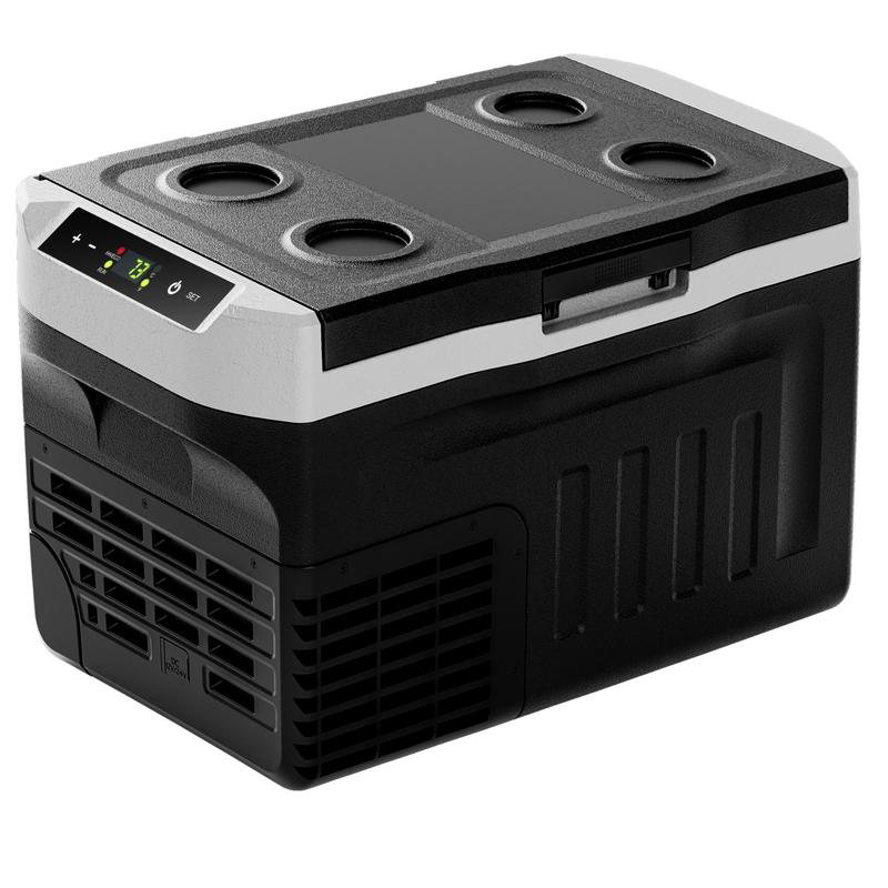 EUHOMY 12V Refrigerator (24/37/53Quart /23L/35L/50L) supports 12V/24V DC & 110-240V AC. Portable with -4°F~68°F range, it features wheels, 2 baskets, and large cooling zone. Ideal for RVs, travel, Truck, Boat