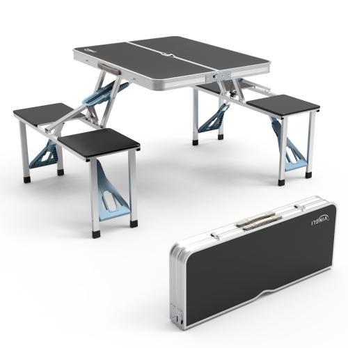 Juego de mesa de pícnic y camping de 4 pies con 4 asientos, estructura de aluminio con soporte de hasta 220 libras, diseño plegable tipo maleta con orificio para sombrilla; ideal para barbacoas, viajes, excursiones, reuniones y vehículos recreativos (RV).