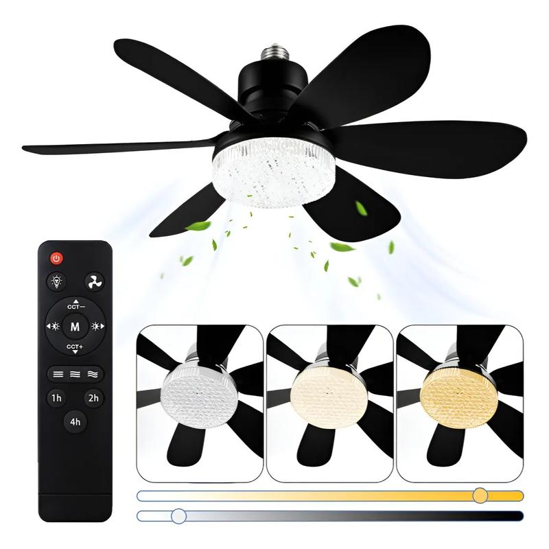 Lámpara de ventilador de 6 aspas，El diámetro es de 520 mm,Abrigo de ventilador energéticamente eficiente,Potente viento y brillo intenso, 60w Ventilador, 3 temperaturas de color, 3 velocidades de viento, rosca E27, ruido bajo, temporizador programable,Apt