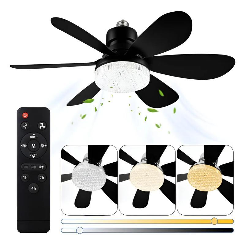 Lámpara de ventilador de 6 aspas，El diámetro es de 520 mm,Abrigo de ventilador energéticamente eficiente,Potente viento y brillo intenso, 60w Ventilador, 3 temperaturas de color, 3 velocidades de viento, rosca E27, ruido bajo, temporizador programable,Apt