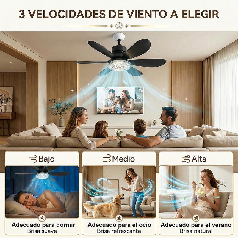 Lámpara de ventilador de 6 aspas，El diámetro es de 520 mm,Abrigo de ventilador energéticamente eficiente,Potente viento y brillo intenso, 60w Ventilador, 3 temperaturas de color, 3 velocidades de viento, rosca E27, ruido bajo, temporizador programable,Apt