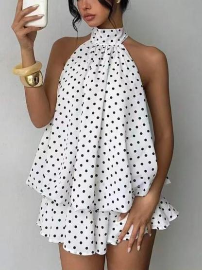 Mono enterizo para mujer, sencillo, liso y con espalda descubierta (estilo halter); diseño elegante con volantes, perfecto para uso casual y moda para todas las estaciones.
