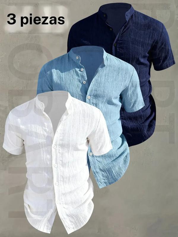 Men's Summer Short Sleeve Shirt - Lightweight Breathable Solid Color Button-Up Casual Shirt with Stand Collar, Low-cut collar designr Beach Vacation, Pool Party & Casual Attire, Beach Shirt, gift for husband