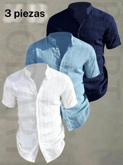 Men's Summer Short Sleeve Shirt - Lightweight Breathable Solid Color Button-Up Casual Shirt with Stand Collar, Low-cut collar designr Beach Vacation, Pool Party & Casual Attire, Beach Shirt, gift for husband