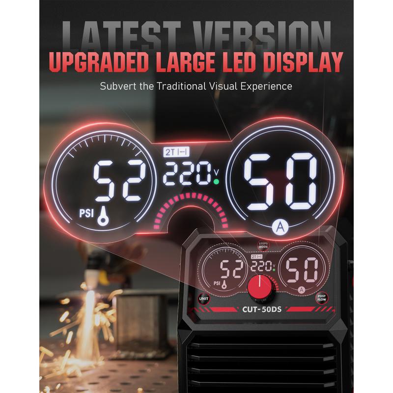 YESWELDER CUT-50DS — Cortadora de plasma de 50 A y 110/220 V, máquina de corte por plasma de aire con pantalla digital — Modos 2T/4T y capacidad de corte máx. de 16/25"