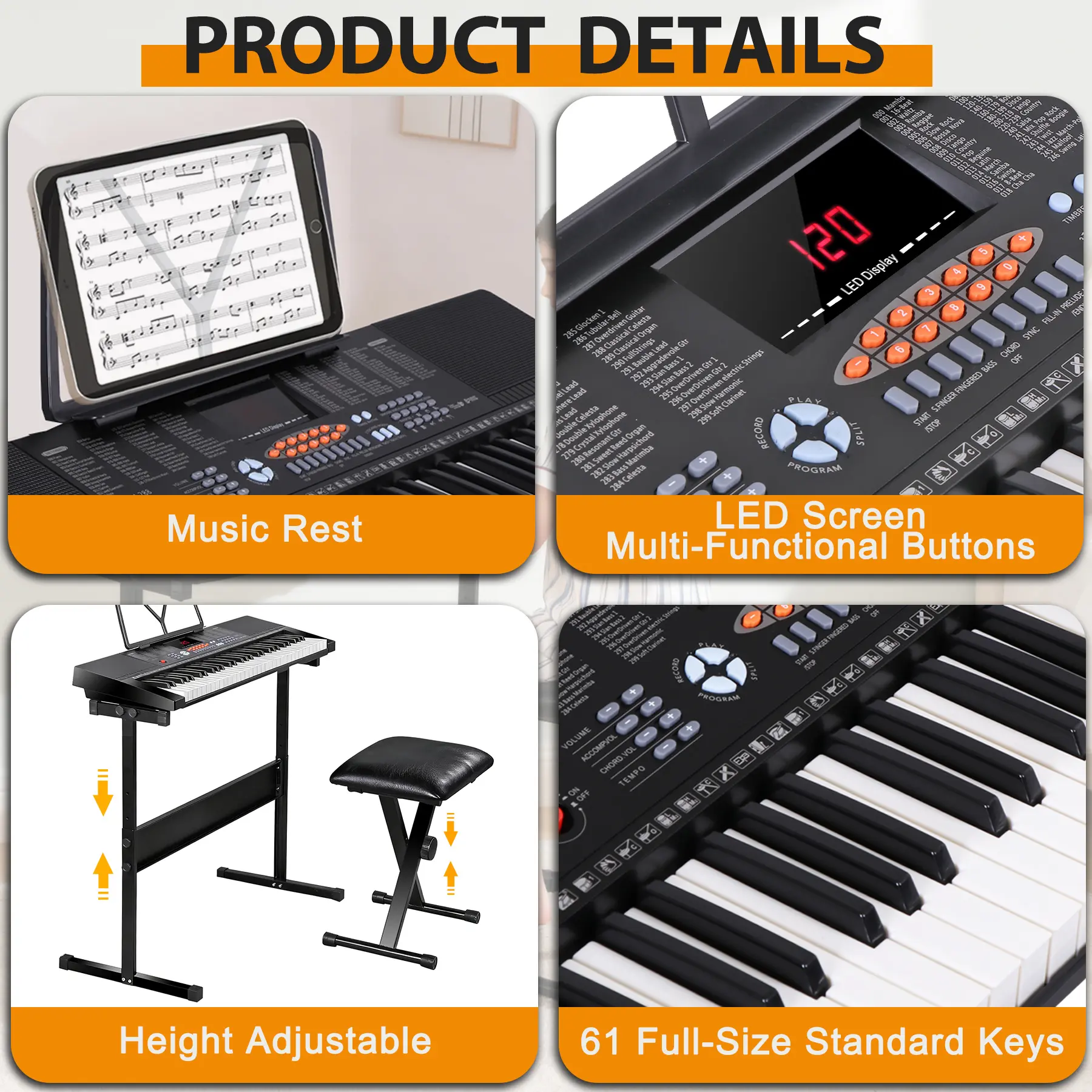 Kit de teclado de piano electrónico duradero de 61 teclas: piano digital portátil para principiantes con pantalla LED, atril, auriculares y micrófono para uso recreativo.
