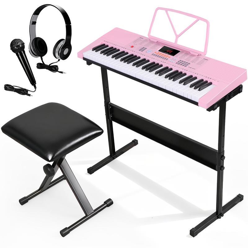 Kit de teclado de piano electrónico duradero de 61 teclas: piano digital portátil para principiantes con pantalla LED, atril, auriculares y micrófono para uso recreativo.