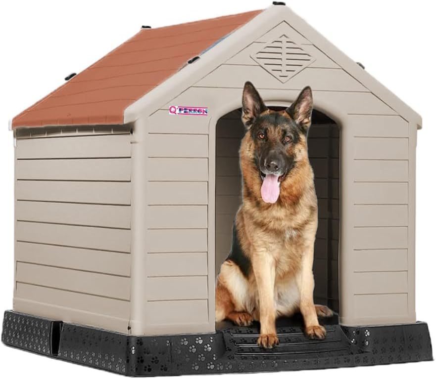 Q PERRON Casa para Perro Chico, Mediano, Grande y Extragrande | Materiales de Alta Calidad - Plástico para Exterior - Resistente al Agua | Térmica con Ventilación | Piso Elevado. (Rojo, Grande)