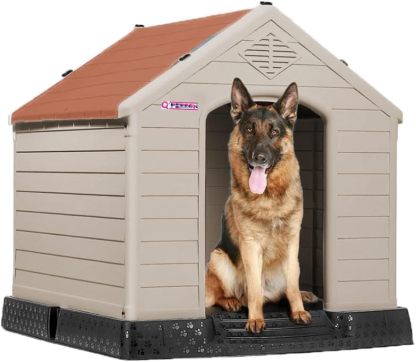 Q PERRON Casa para Perro Chico, Mediano, Grande y Extragrande | Materiales de Alta Calidad - Plástico para Exterior - Resistente al Agua | Térmica con Ventilación | Piso Elevado. (Rojo, Grande)
