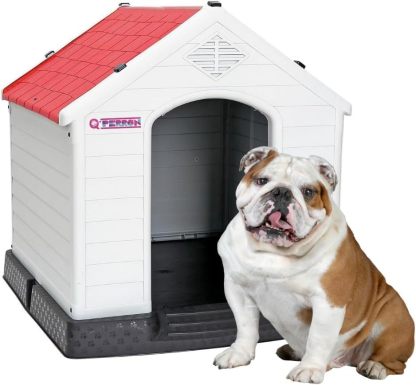 Q PERRON Casa para Perro Chico, Mediano, Grande y Extragrande | Materiales de Alta Calidad - Plástico para Exterior - Resistente al Agua | Térmica con Ventilación | Piso Elevado. (Rojo, Grande)