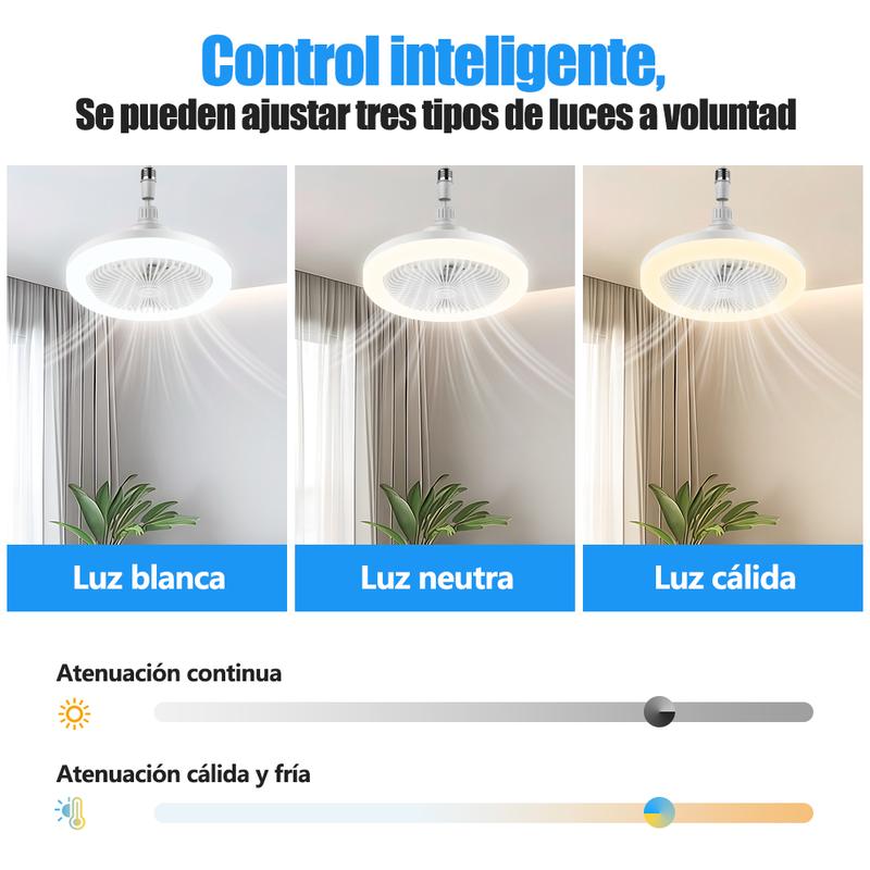 Lámpara de ventilador de 6 aspas，El diámetro es de 520 mm,Abrigo de ventilador energéticamente eficiente,Potente viento y brillo intenso, 60w Ventilador, 3 temperaturas de color, 3 velocidades de viento, rosca E27, ruido bajo, temporizador programable,Apt