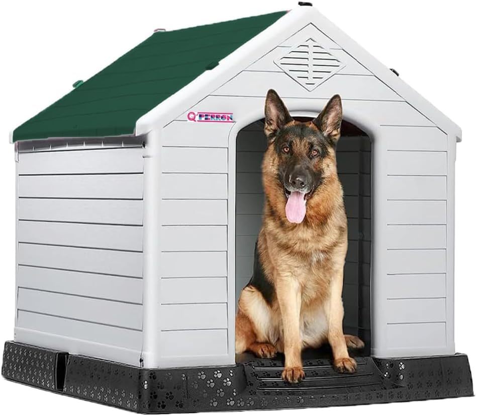 Q PERRON Casa para Perro Chico, Mediano, Grande y Extragrande | Materiales de Alta Calidad - Plástico para Exterior - Resistente al Agua | Térmica con Ventilación | Piso Elevado. (Rojo, Grande)
