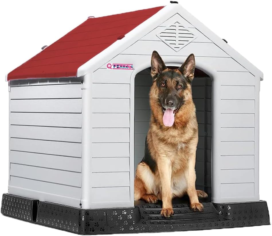 Q PERRON Casa para Perro Chico, Mediano, Grande y Extragrande | Materiales de Alta Calidad - Plástico para Exterior - Resistente al Agua | Térmica con Ventilación | Piso Elevado. (Rojo, Grande)