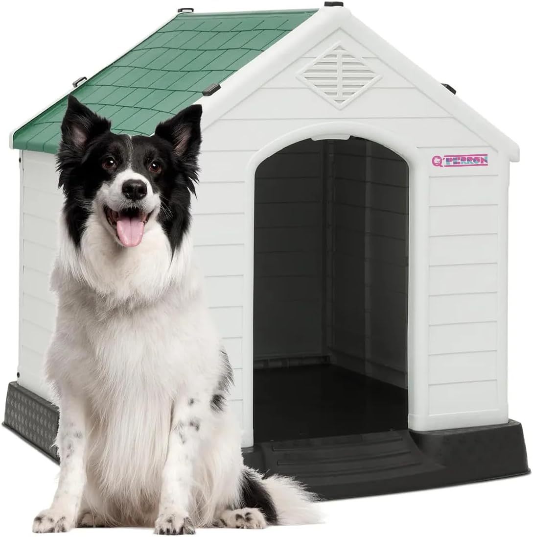 Q PERRON Casa para Perro Chico, Mediano, Grande y Extragrande | Materiales de Alta Calidad - Plástico para Exterior - Resistente al Agua | Térmica con Ventilación | Piso Elevado. (Rojo, Grande)