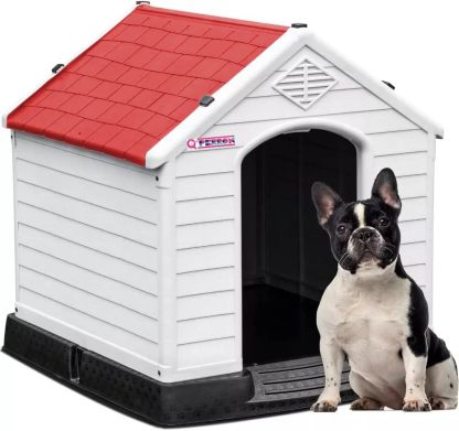 Q PERRON Casa para Perro Chico, Mediano, Grande y Extragrande | Materiales de Alta Calidad - Plástico para Exterior - Resistente al Agua | Térmica con Ventilación | Piso Elevado. (Rojo, Grande)