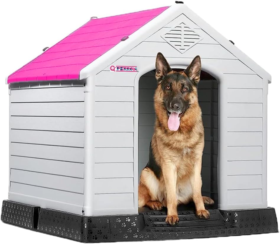 Q PERRON Casa para Perro Chico, Mediano, Grande y Extragrande | Materiales de Alta Calidad - Plástico para Exterior - Resistente al Agua | Térmica con Ventilación | Piso Elevado. (Rojo, Grande)