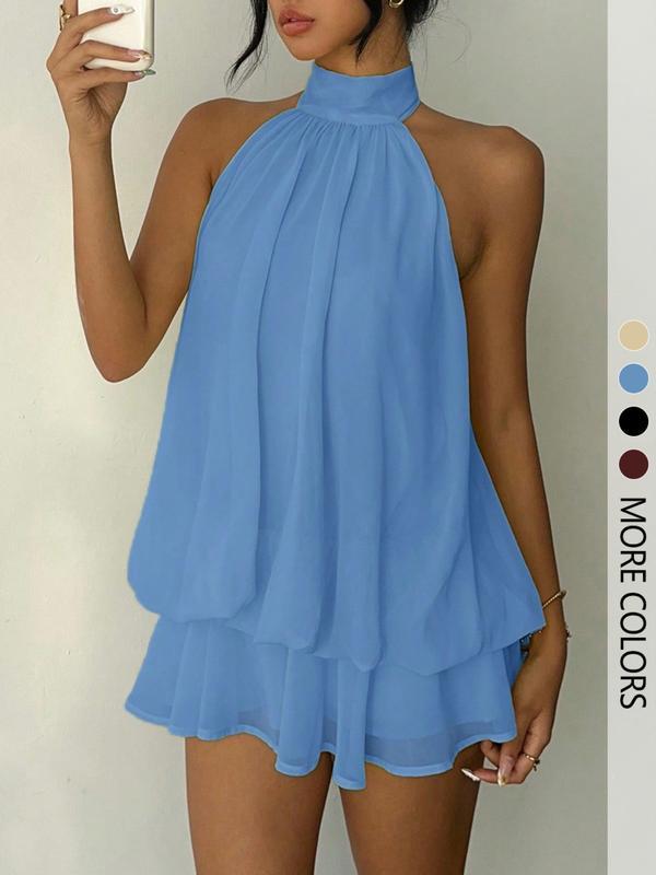 Mono enterizo para mujer, sencillo, liso y con espalda descubierta (estilo halter); diseño elegante con volantes, perfecto para uso casual y moda para todas las estaciones.
