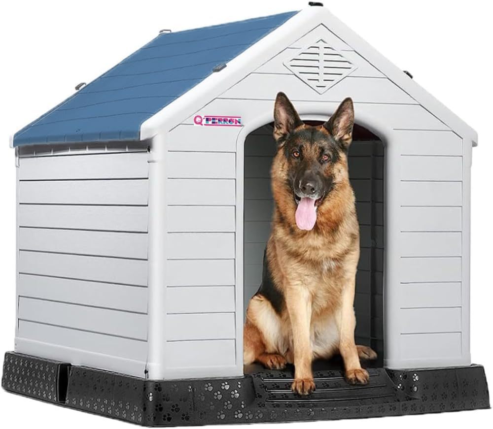 Q PERRON Casa para Perro Chico, Mediano, Grande y Extragrande | Materiales de Alta Calidad - Plástico para Exterior - Resistente al Agua | Térmica con Ventilación | Piso Elevado. (Rojo, Grande)