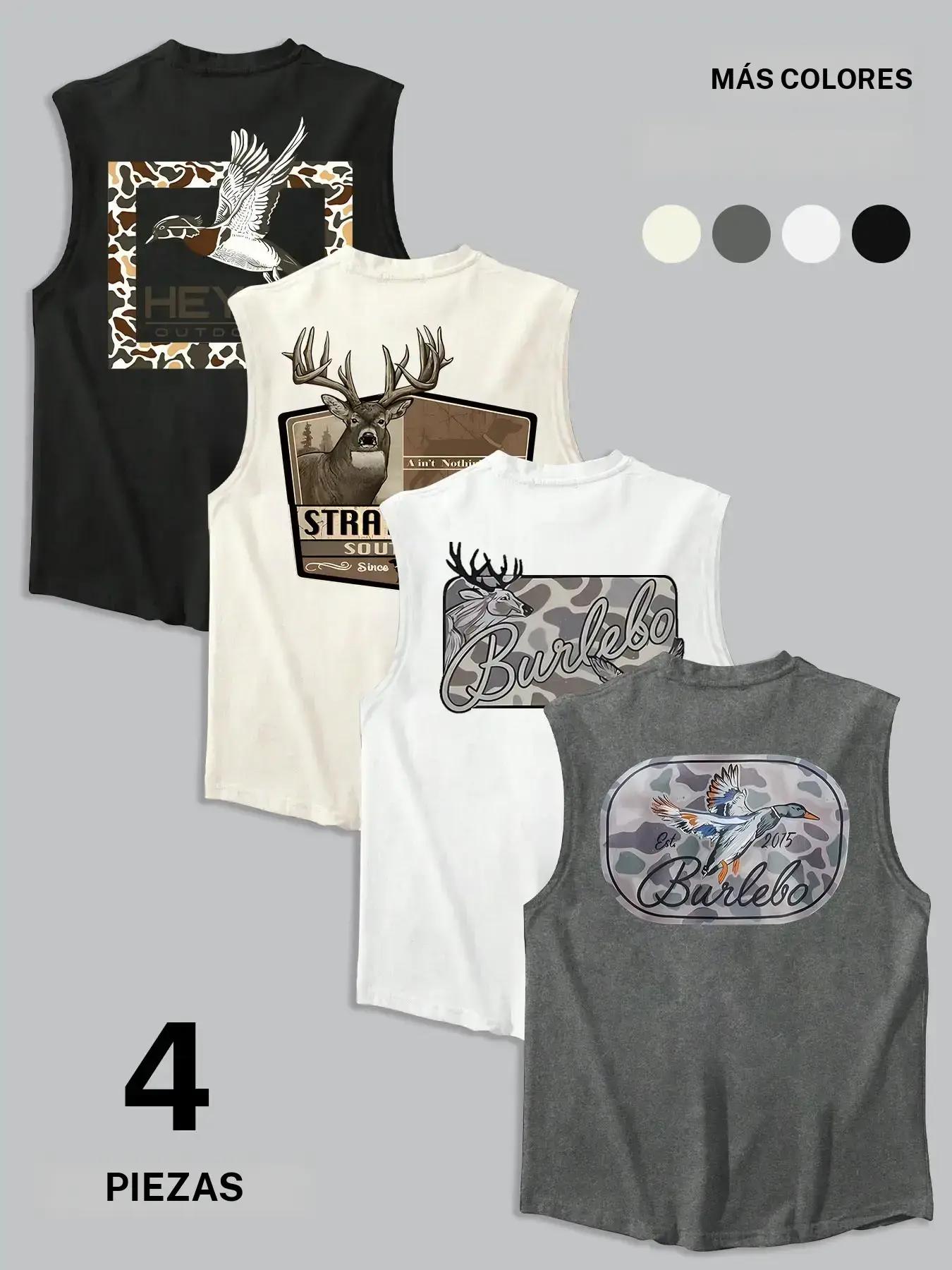 🦌🦆4 Pack Southern Hunting Tank Tops | Deer & Duck Camo Graphic Sleeveless Shirts | Vintage Outdoor Sports Tops