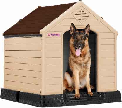 Q PERRON Casa para Perro Chico, Mediano, Grande y Extragrande | Materiales de Alta Calidad - Plástico para Exterior - Resistente al Agua | Térmica con Ventilación | Piso Elevado. (Rojo, Grande)