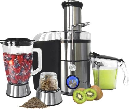 BOGNER Extractor de frutas y verduras centrífugo color rojo, fabricado de acero inoxidable y boquilla extragrande. 800W de potencia, Fácil de usar y limpiar.