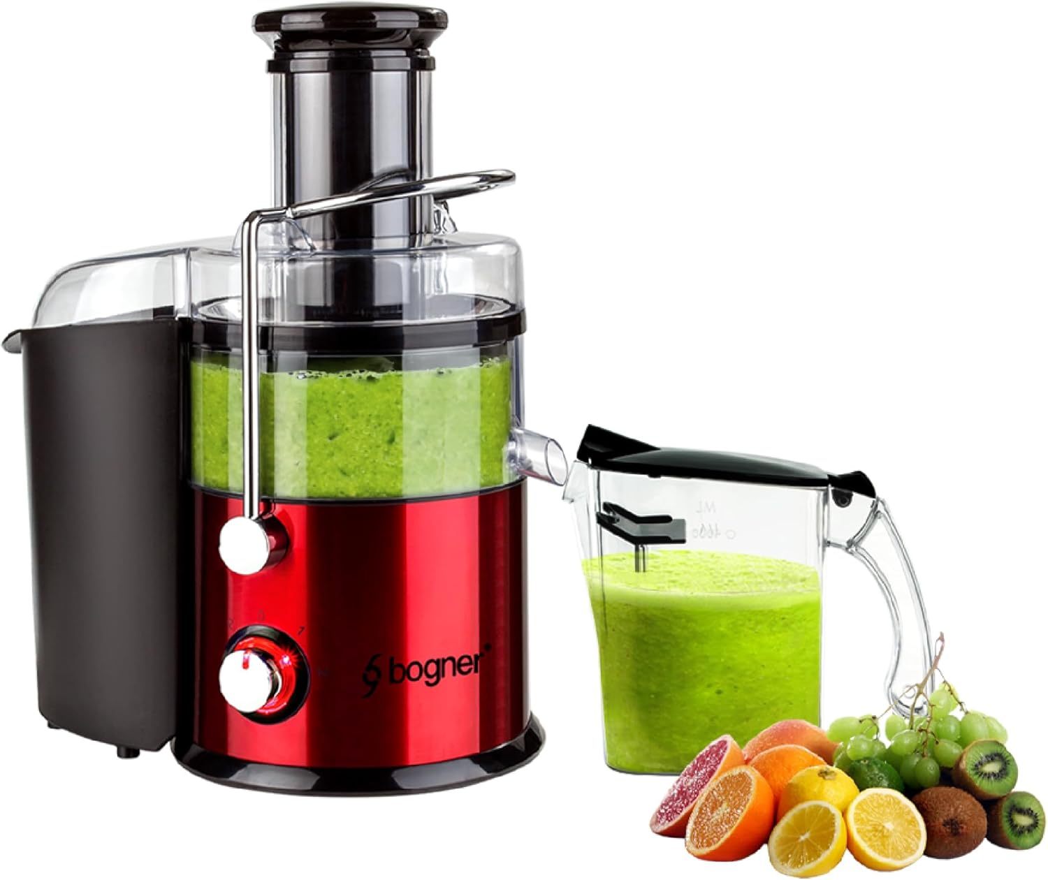 BOGNER Extractor de frutas y verduras centr��fugo color rojo, fabricado de acero inoxidable y boquilla extragrande. 800W de potencia, F��cil de usar y limpiar.