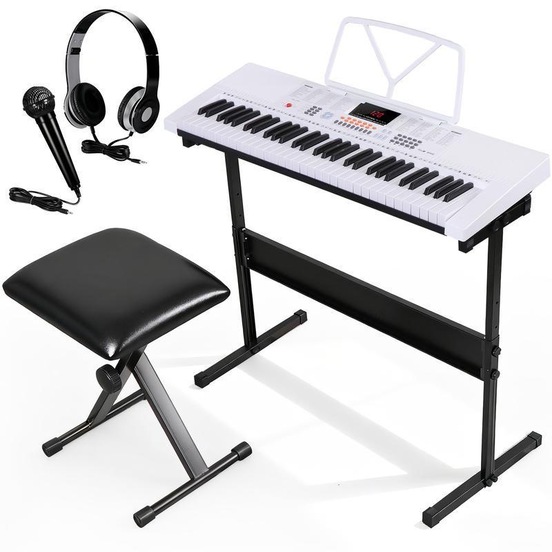 Kit de teclado de piano electrónico duradero de 61 teclas: piano digital portátil para principiantes con pantalla LED, atril, auriculares y micrófono para uso recreativo.