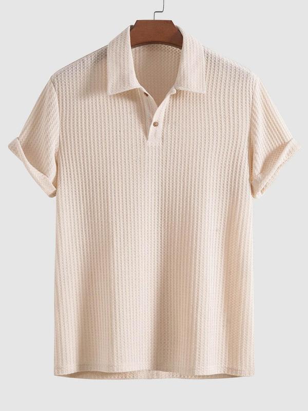 Men's Plain Jacquard Knit Polo Shirt, Regular Fit Casual Short Sleeve Button Front Top for Summer, Fashion Men's Clothes for Daily Wear